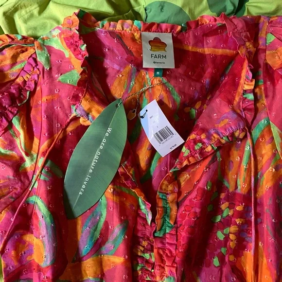 Farm Rio Fruit brush mini dress puff sleeves M L ruffles fringe organic cotton - Picture 7 of 11